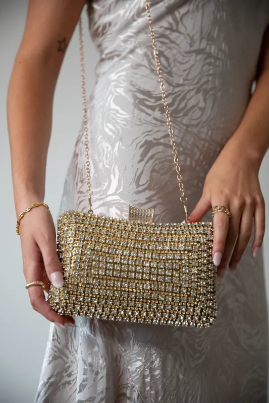 Gold Diamante Clutch Bag by SVNX sold by Goddiva