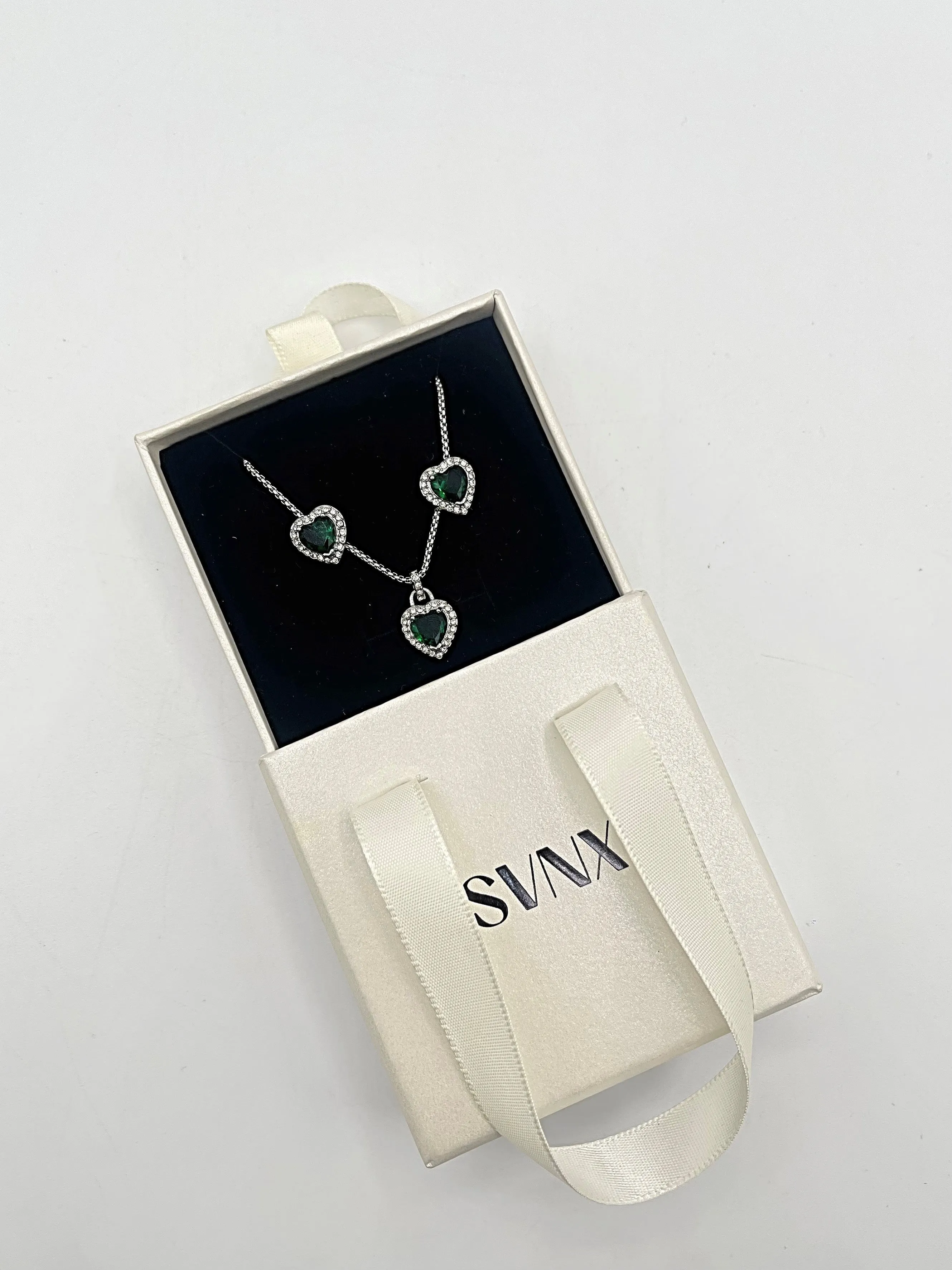 Green Diamante Heart Necklace And Earrings Set In Silver by SVNX sold by Goddiva product image thumbnail 5