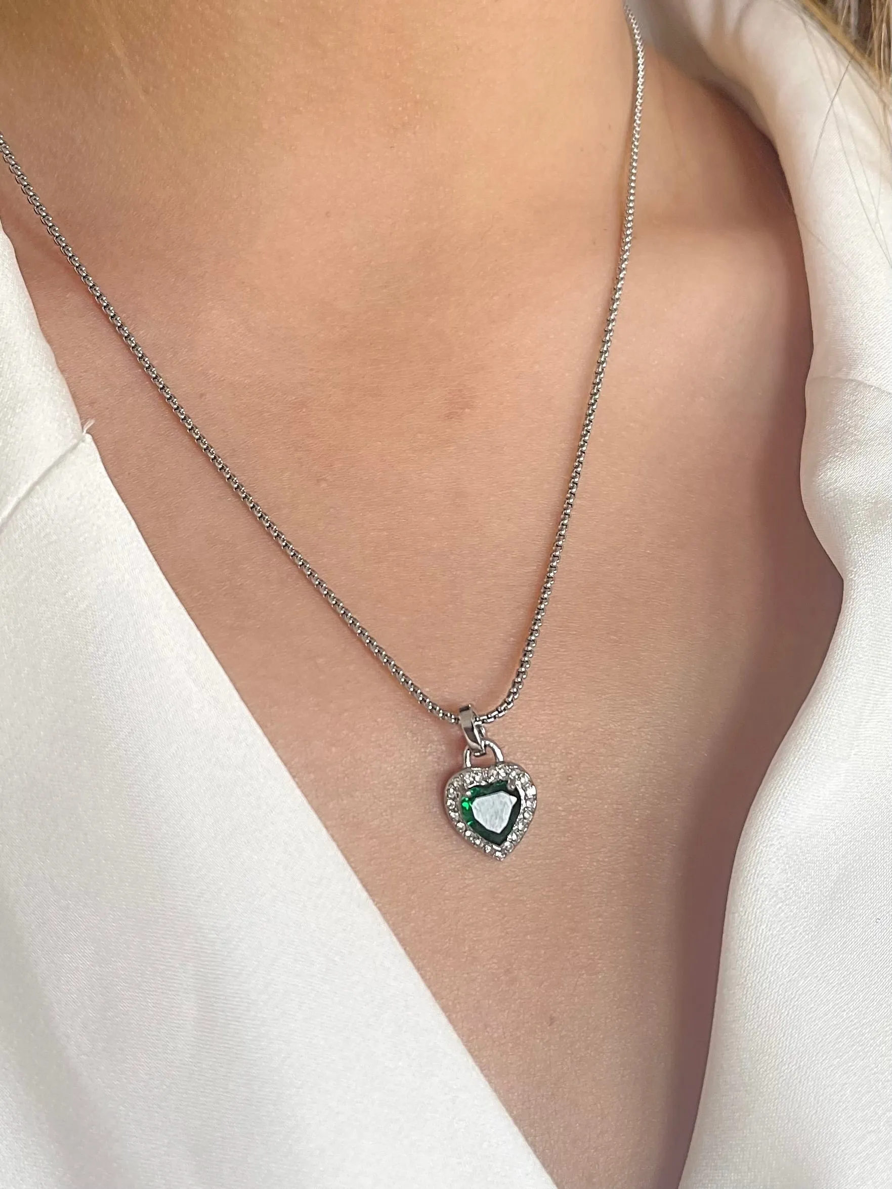 Green Diamante Heart Necklace And Earrings Set In Silver by SVNX sold by Goddiva product image thumbnail 3