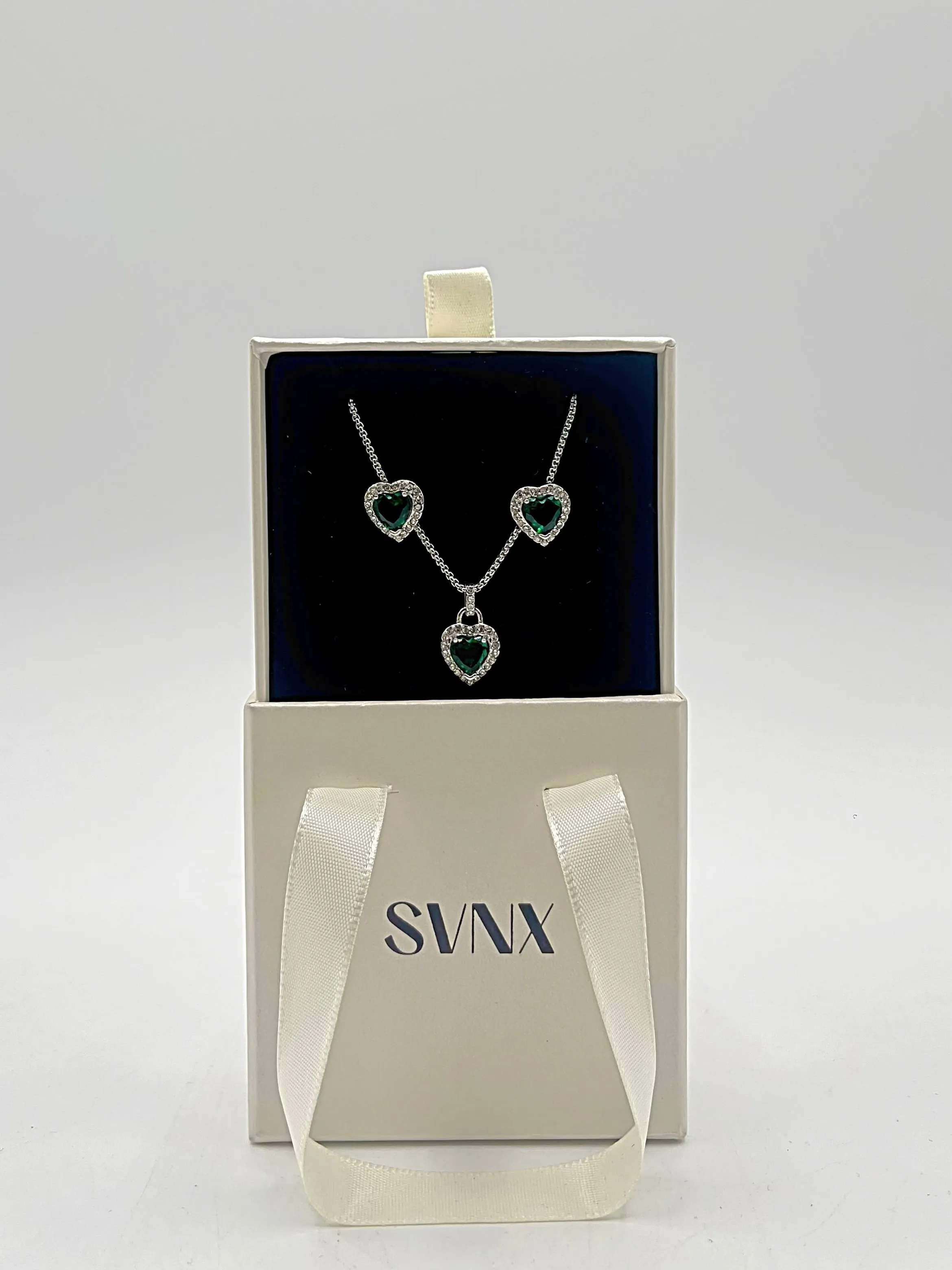 Green Diamante Heart Necklace And Earrings Set In Silver by SVNX sold by Goddiva product image thumbnail 4