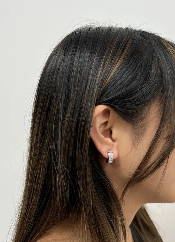 Mini Huggie Hoop With Clear Stones - Silver by SVNX sold by Goddiva