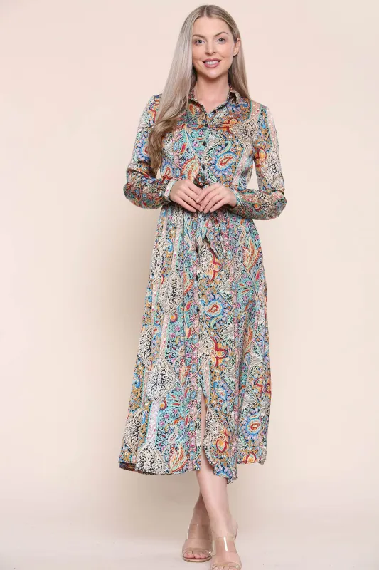 Paisley Maxi Dress Long Sleeve In Green by LOVE SUNSHINE sold by Goddiva