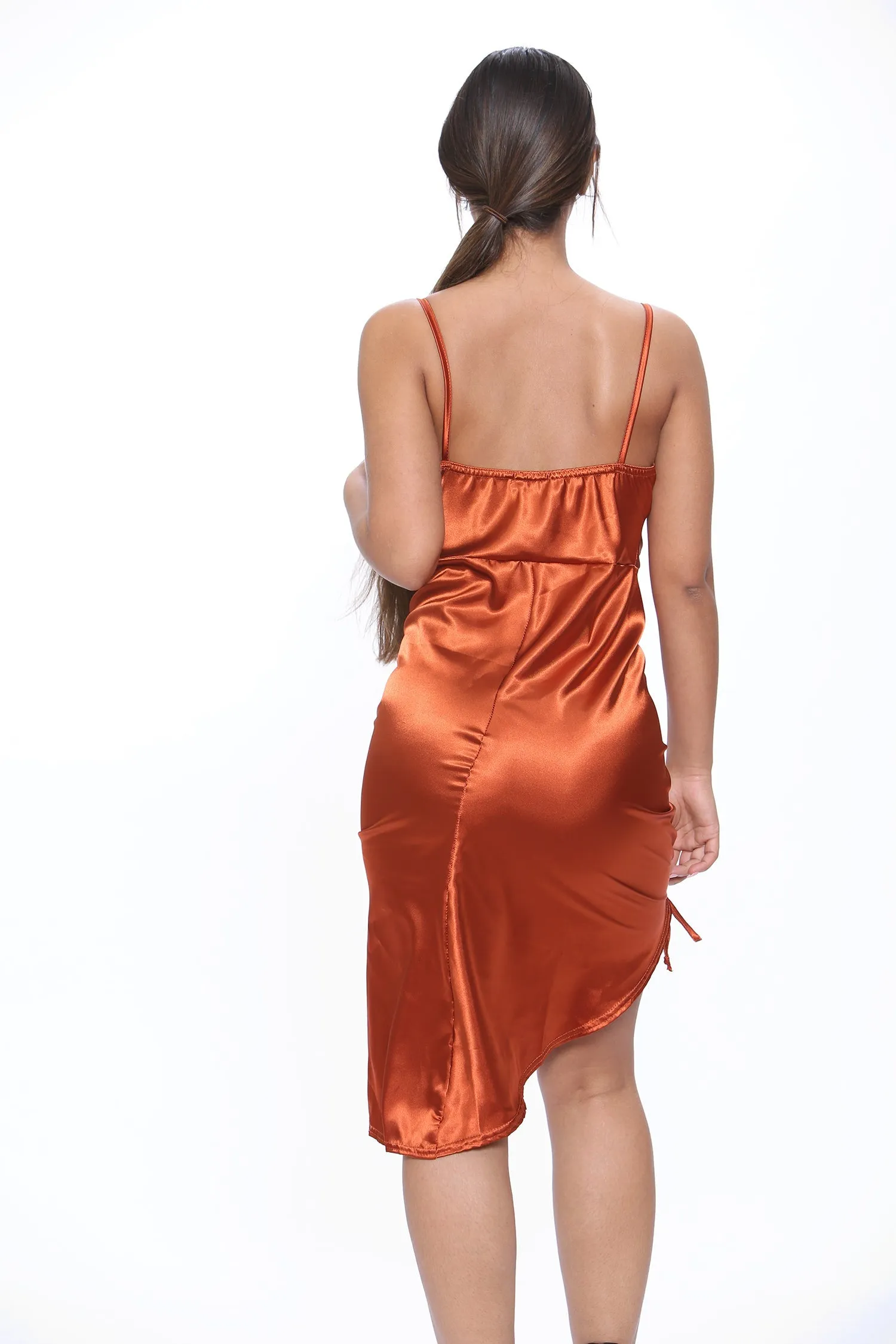 Rusty Ruched Side Slit Satin Mini Dress by Avinci sold by Goddiva product image thumbnail 4