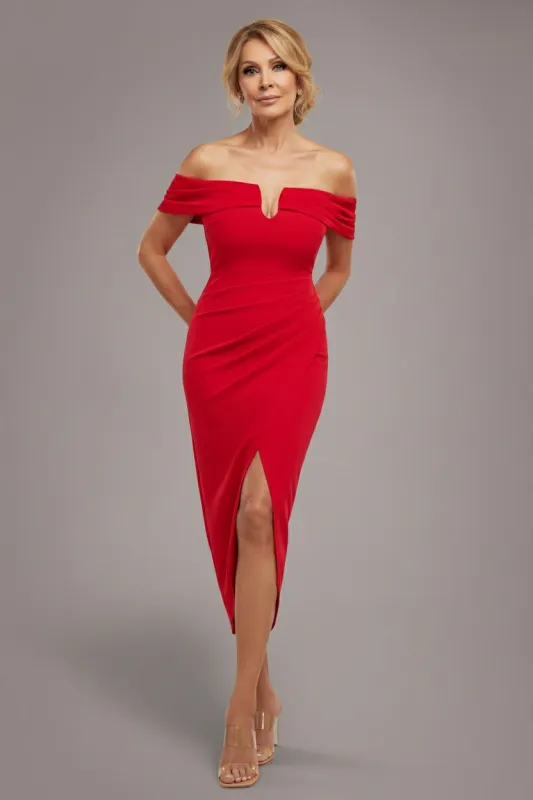 Off The Shoulder Chiffon Wing Scuba Crepe Midi Dress - Red by Goddiva made by Goddiva