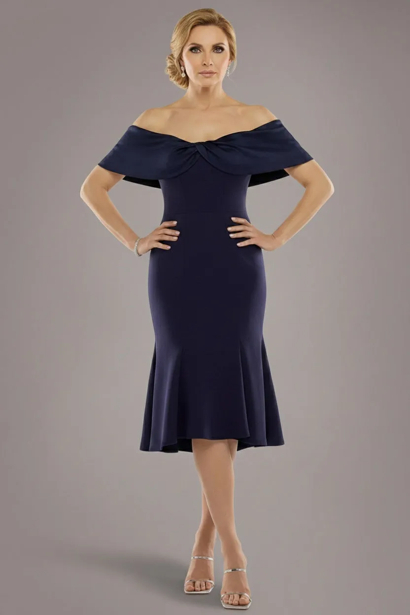 Twist Knot Satin & Scuba Bardot High Low Midi Dress - Navy Blue by Goddiva sold by Goddiva