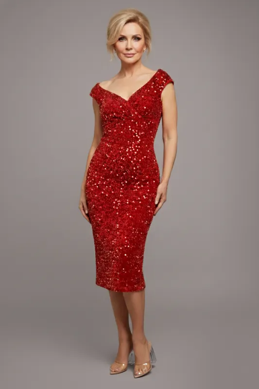 Multi Sequin & Velvet Bardot Midi Dress - Red by Goddiva sold by Goddiva