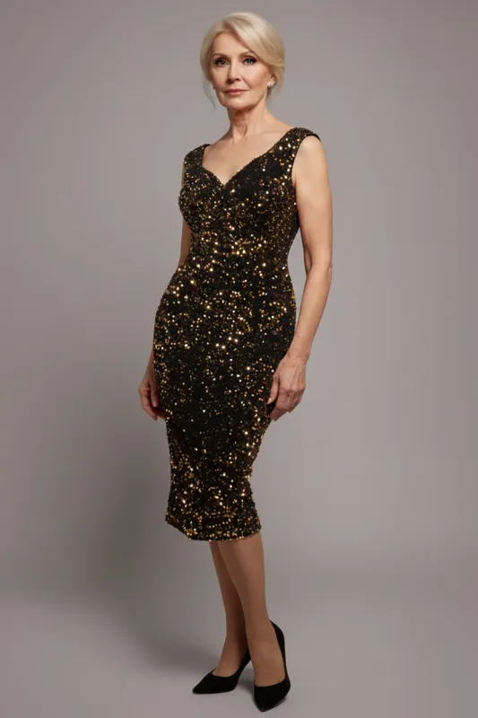 Multi Sequin & Velvet Bardot Midi Dress - Gold by Goddiva sold by Goddiva