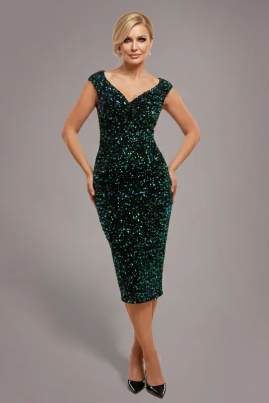 Multi Sequin & Velvet Bardot Midi - Emerald Green by Goddiva sold by Goddiva