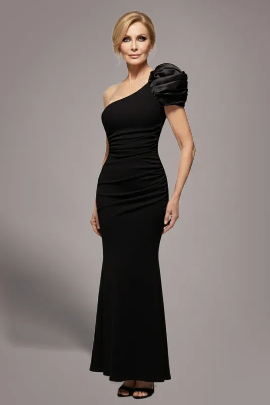 One Shoulder Puffed Satin Sleeve Evening Maxi Dress - Black by Goddiva sold by Goddiva