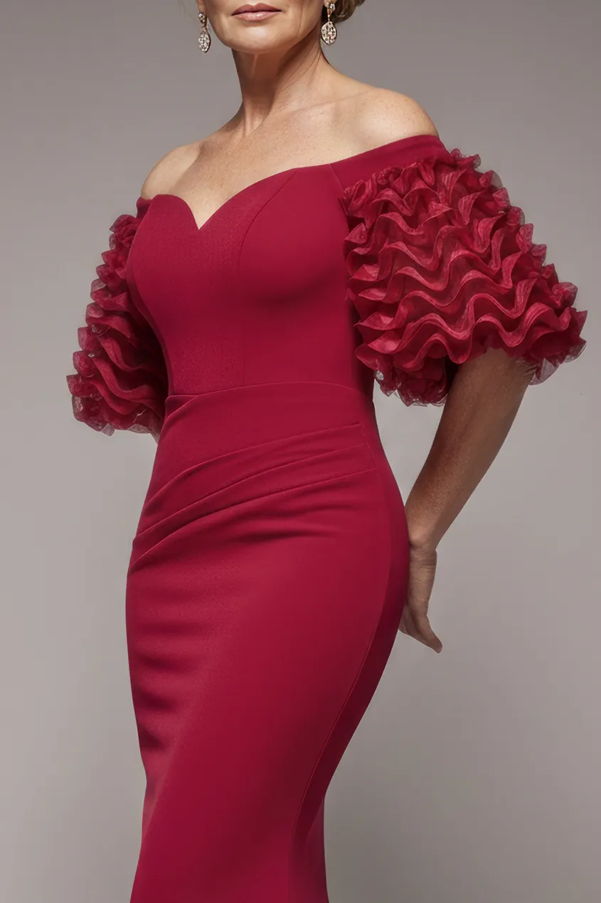 Off The Shoulder 3D Puffed Sleeve Sweetheart Maxi Dress - Burgundy by Goddiva sold by Goddiva product image thumbnail 3