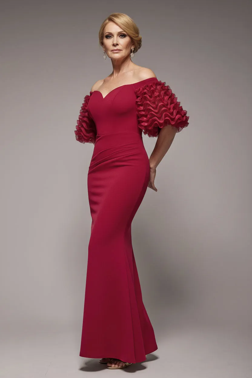 Off The Shoulder 3D Puffed Sleeve Sweetheart Maxi Dress - Burgundy by Goddiva sold by Goddiva