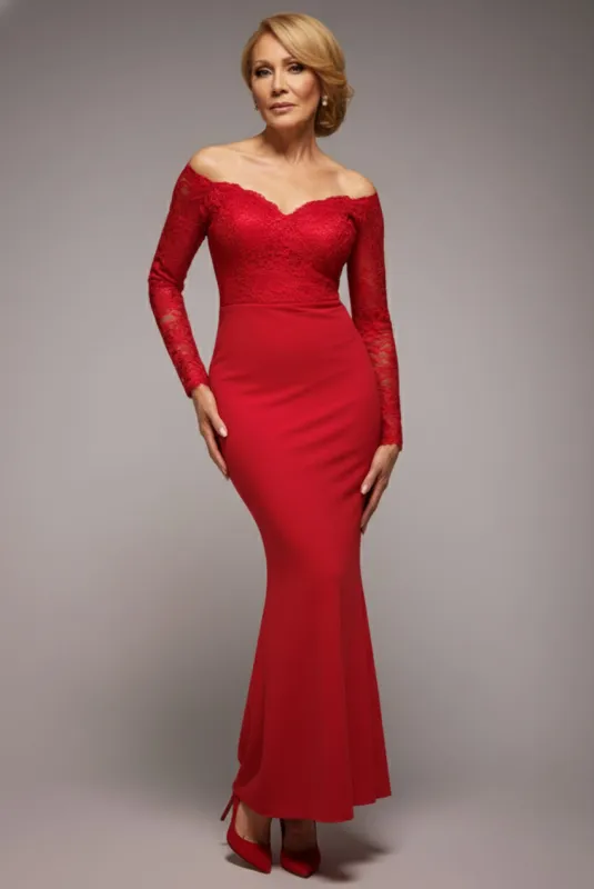 Scalloped Lace Bodice Long Sleeve Bardot Maxi Dress - Red by Goddiva sold by Goddiva