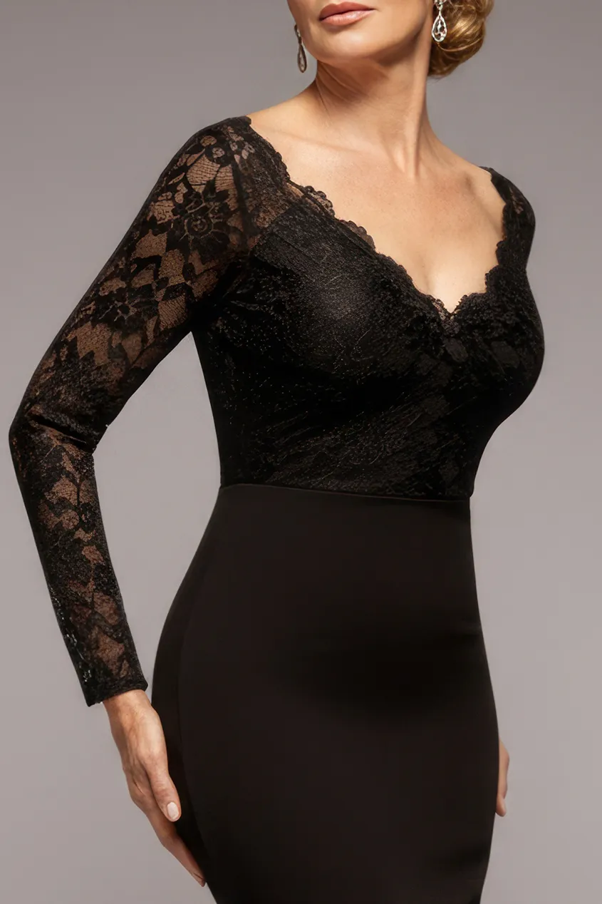 Scalloped Lace Bodice Long Sleeve Bardot Maxi Dress - Black by Goddiva sold by Goddiva product image thumbnail 3