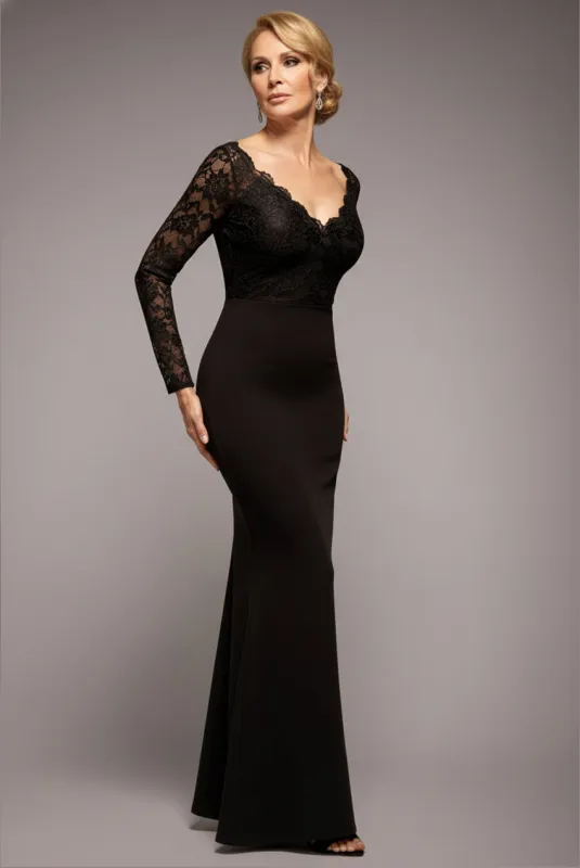 Scalloped Lace Bodice Long Sleeve Bardot Maxi Dress - Black by Goddiva sold by Goddiva