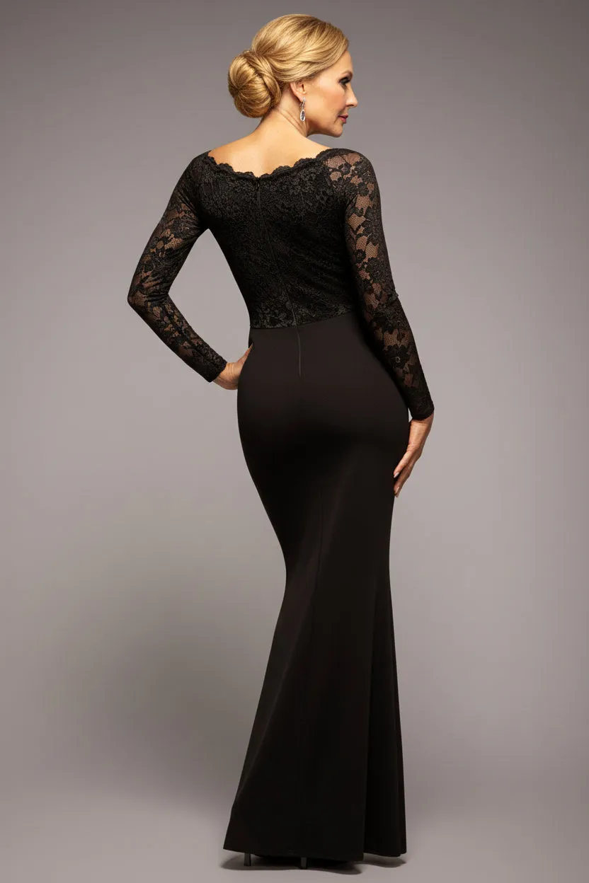 Scalloped Lace Bodice Long Sleeve Bardot Maxi Dress - Black by Goddiva sold by Goddiva product image thumbnail 2