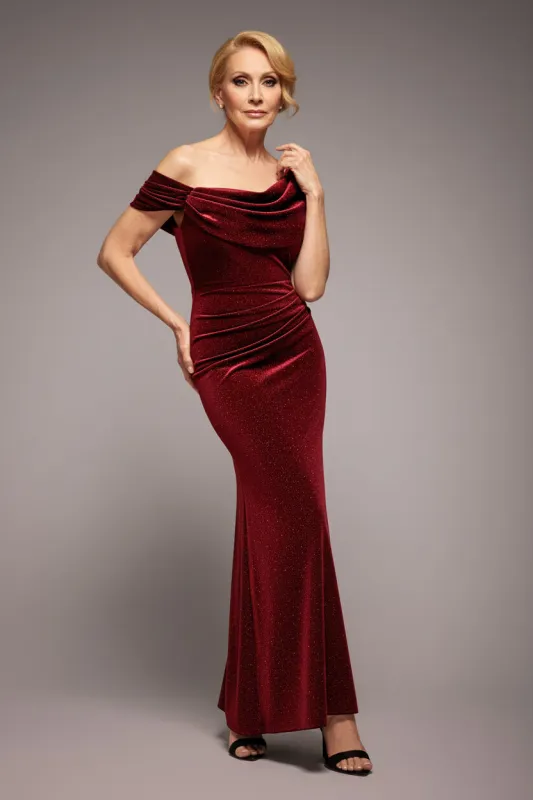 Glitter Velvet Cowl Neck Off The Shoulder Maxi Dress - Wine by Goddiva sold by Goddiva
