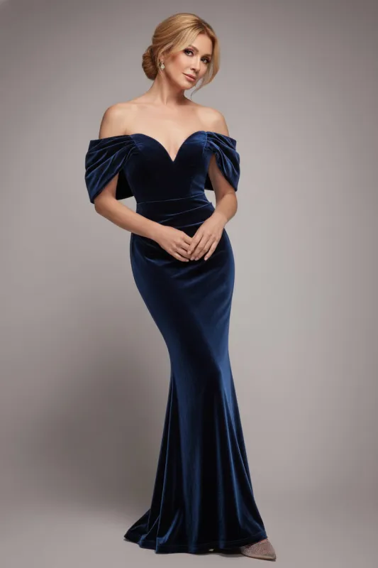 Off The Shoulder Deep Plunge Velvet Maxi Dress - Navy Blue by Goddiva sold by Goddiva