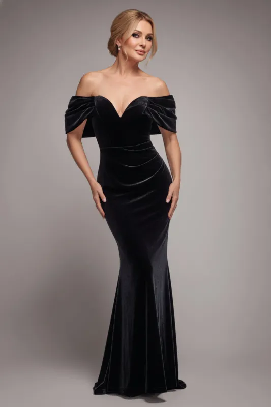 Off The Shoulder Deep Plunge Velvet Maxi Dress - Black by Goddiva sold by Goddiva