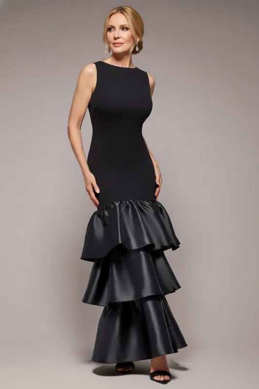 Boat Neck Satin & Scuba Crepe Tiered Maxi Dress - Black by Goddiva sold by Goddiva