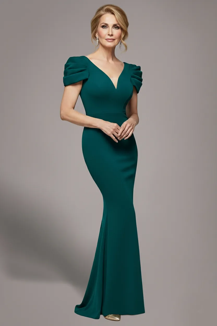 Plunging Neck Pleated Sleeves Scuba Maxi Dress - Emerald Green by Goddiva sold by Goddiva