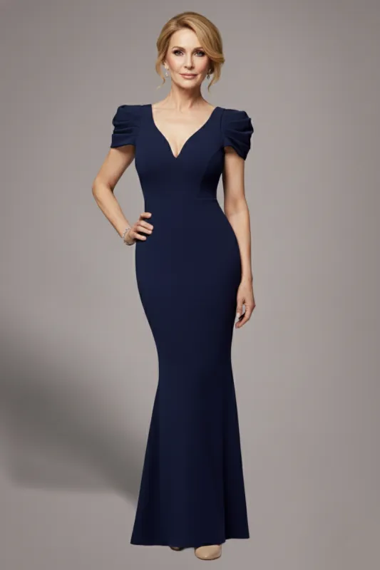 Plunging Neck Pleated Sleeves Scuba Maxi Dress - Navy Blue by Goddiva sold by Goddiva