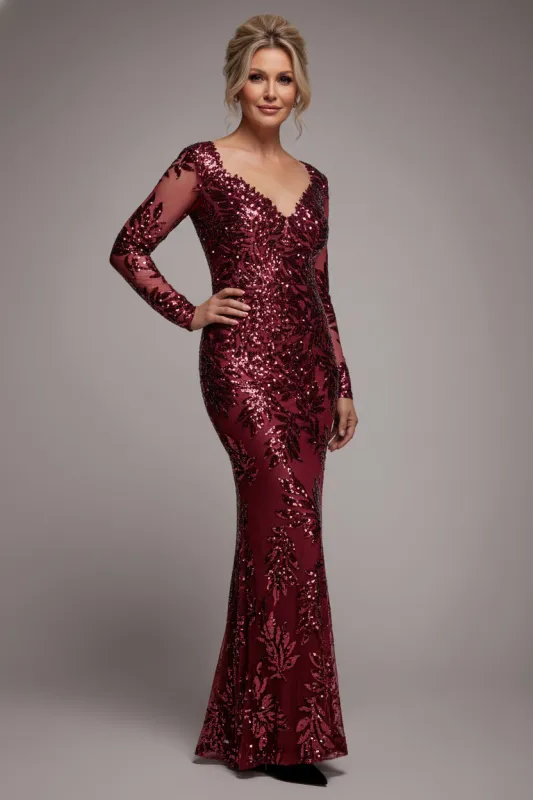 Sequin Leaf Long Sleeve Maxi Dress - Burgundy by Goddiva sold by Goddiva