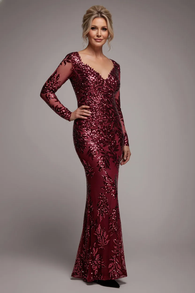 Sequin Leaf Long Sleeve Maxi Dress - Burgundy by Goddiva sold by Goddiva