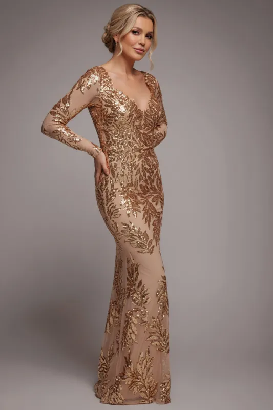 Sequin Leaf Long Sleeve Maxi Dress - Gold by Goddiva sold by Goddiva