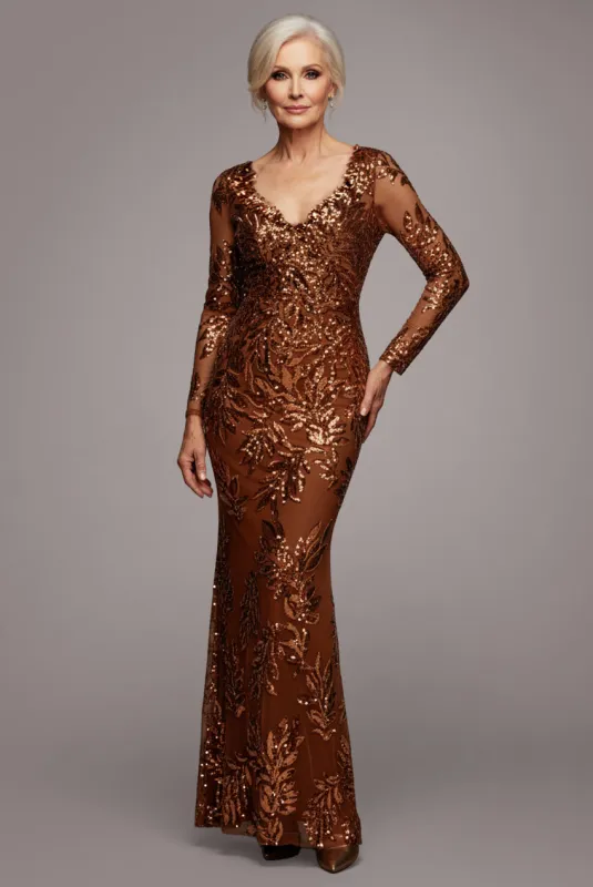 Sequin Leaf Long Sleeve Maxi Dress - Bronze by Goddiva sold by Goddiva