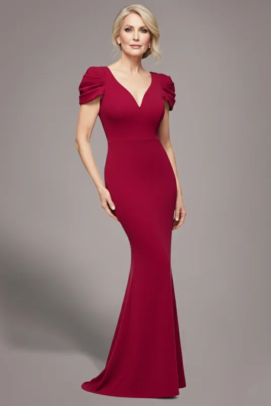 Plunging Neck Pleated Sleeves Scuba Maxi Dress - Burgundy Red by Goddiva sold by Goddiva