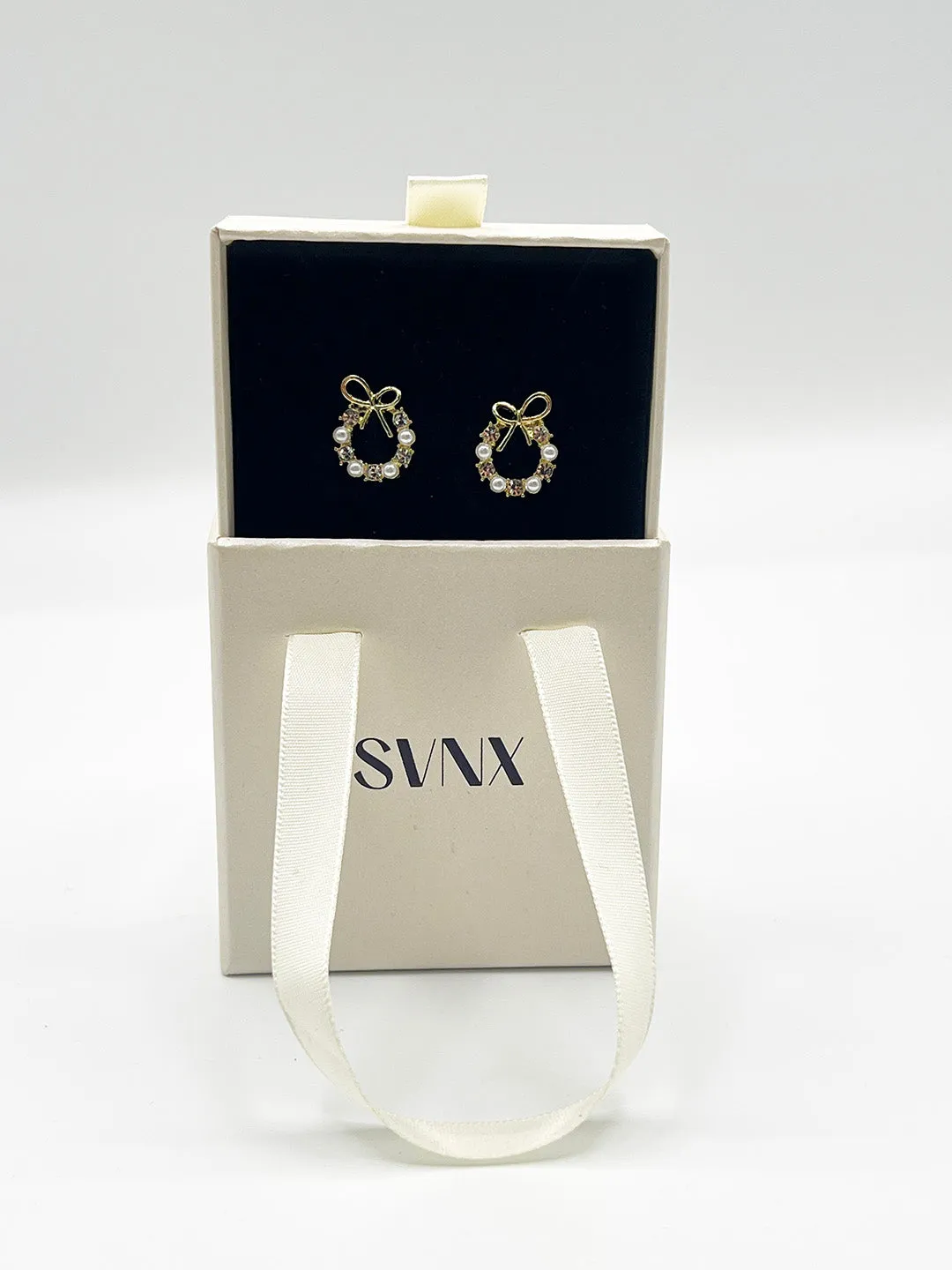 Pearl & Diamante Bow Wreath Stud Earrings - Gift Boxed by SVNX sold by Goddiva product image thumbnail 3
