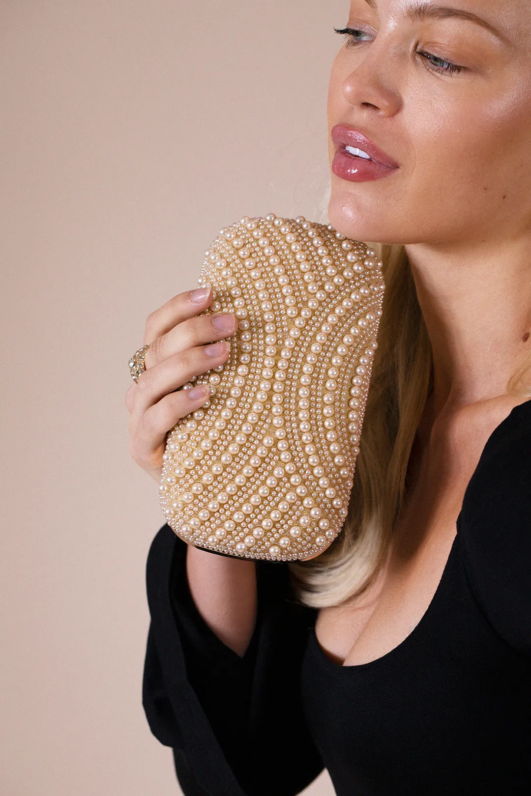Oval Pearl Clutch Bag In Gold by SVNX sold by Goddiva product image thumbnail 2