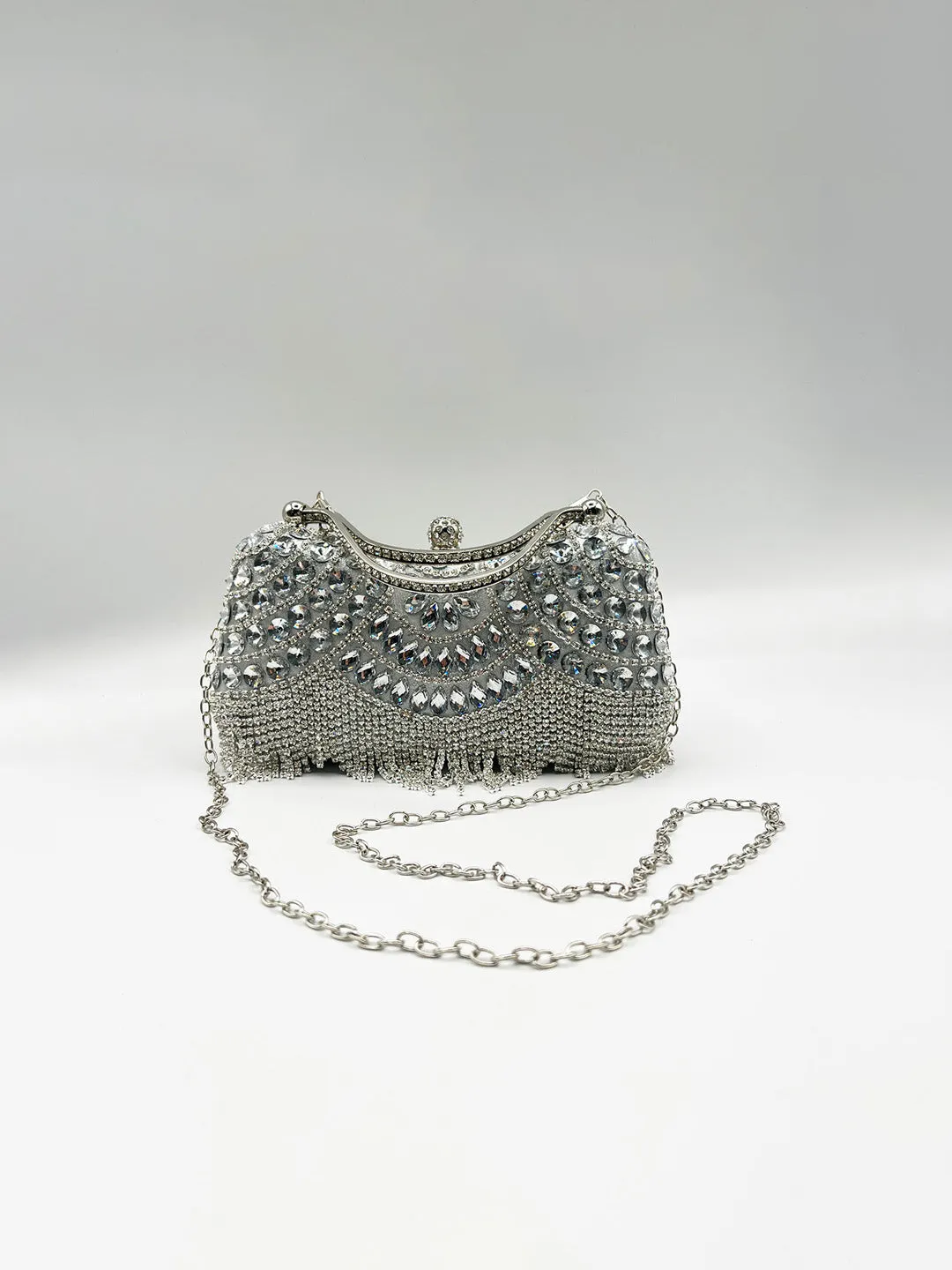 Embellished Fringe Clutch Bag In Silver by SVNX sold by Goddiva product image thumbnail 3
