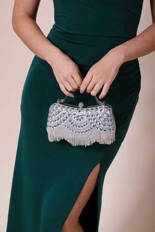 Embellished Fringe Clutch Bag In Silver by SVNX sold by Goddiva