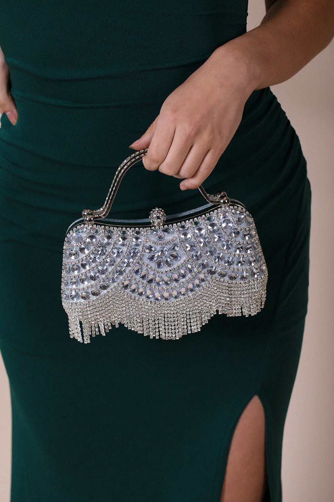 Embellished Fringe Clutch Bag In Silver by SVNX sold by Goddiva product image thumbnail 2