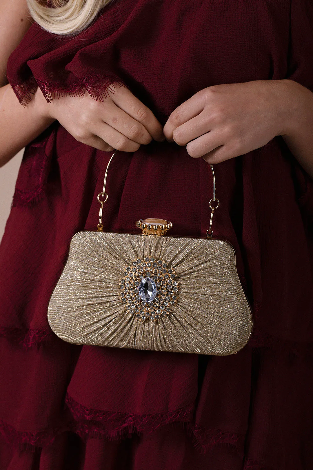 Ruched Jewel Clutch Bag In Gold by SVNX sold by Goddiva product image thumbnail 2