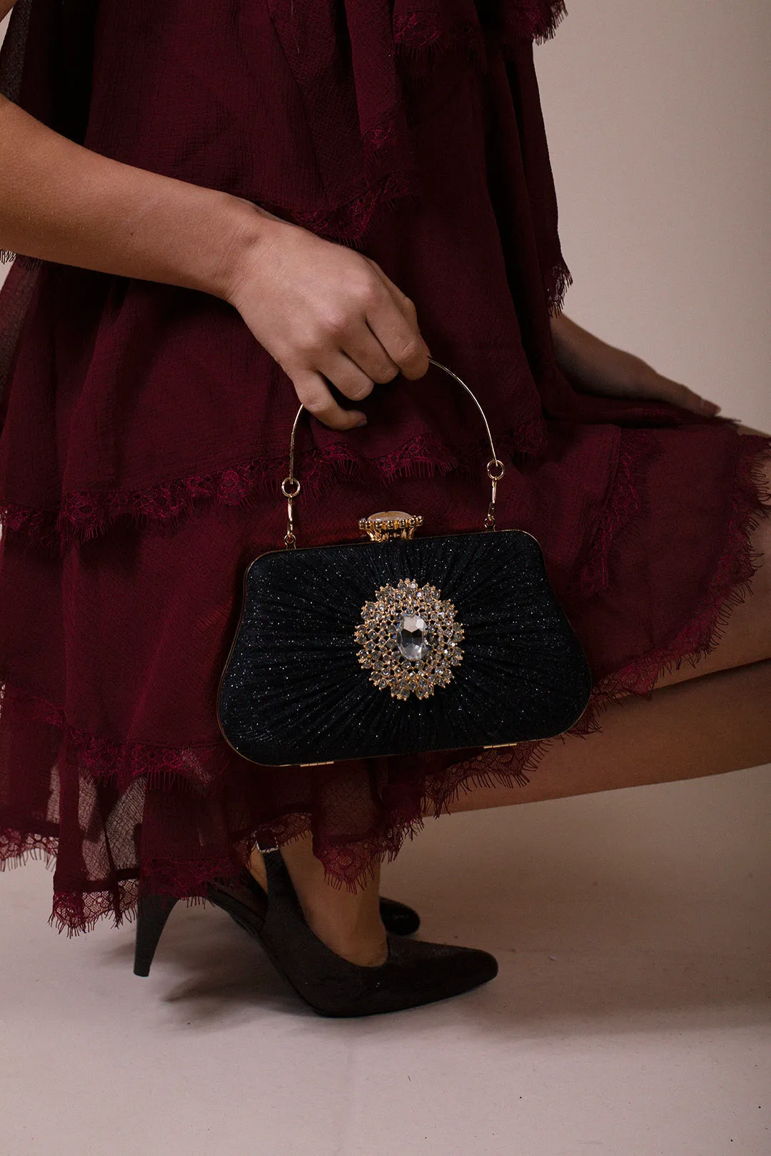 Ruched Jewel Clutch Bag In Black by SVNX sold by Goddiva