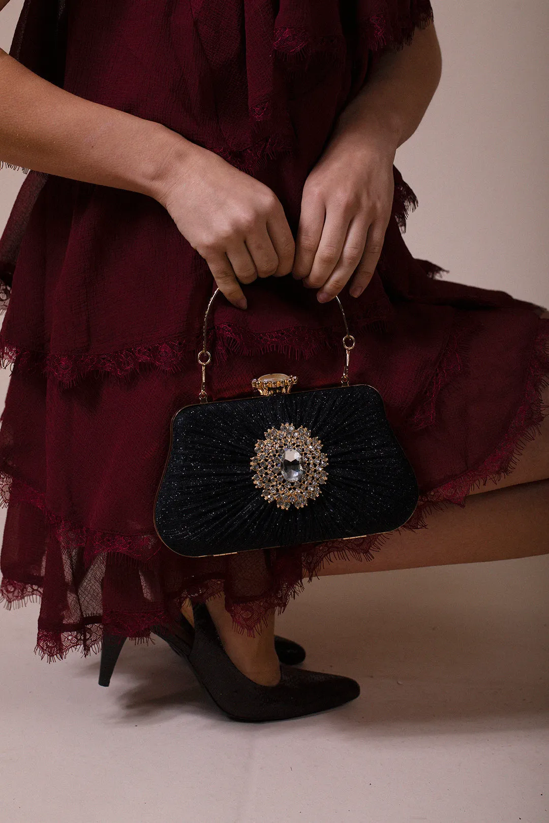 Ruched Jewel Clutch Bag In Black by SVNX sold by Goddiva product image thumbnail 2