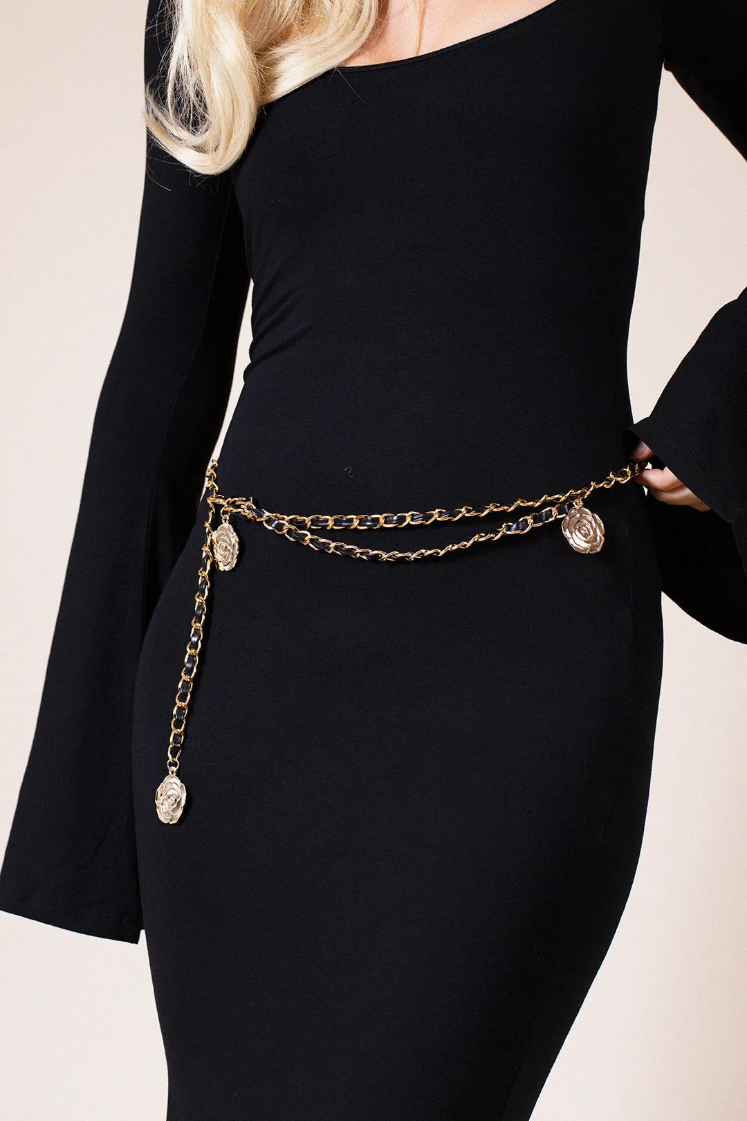 Rose Chain Faux Leather Belt In Black Gold by SVNX sold by Goddiva