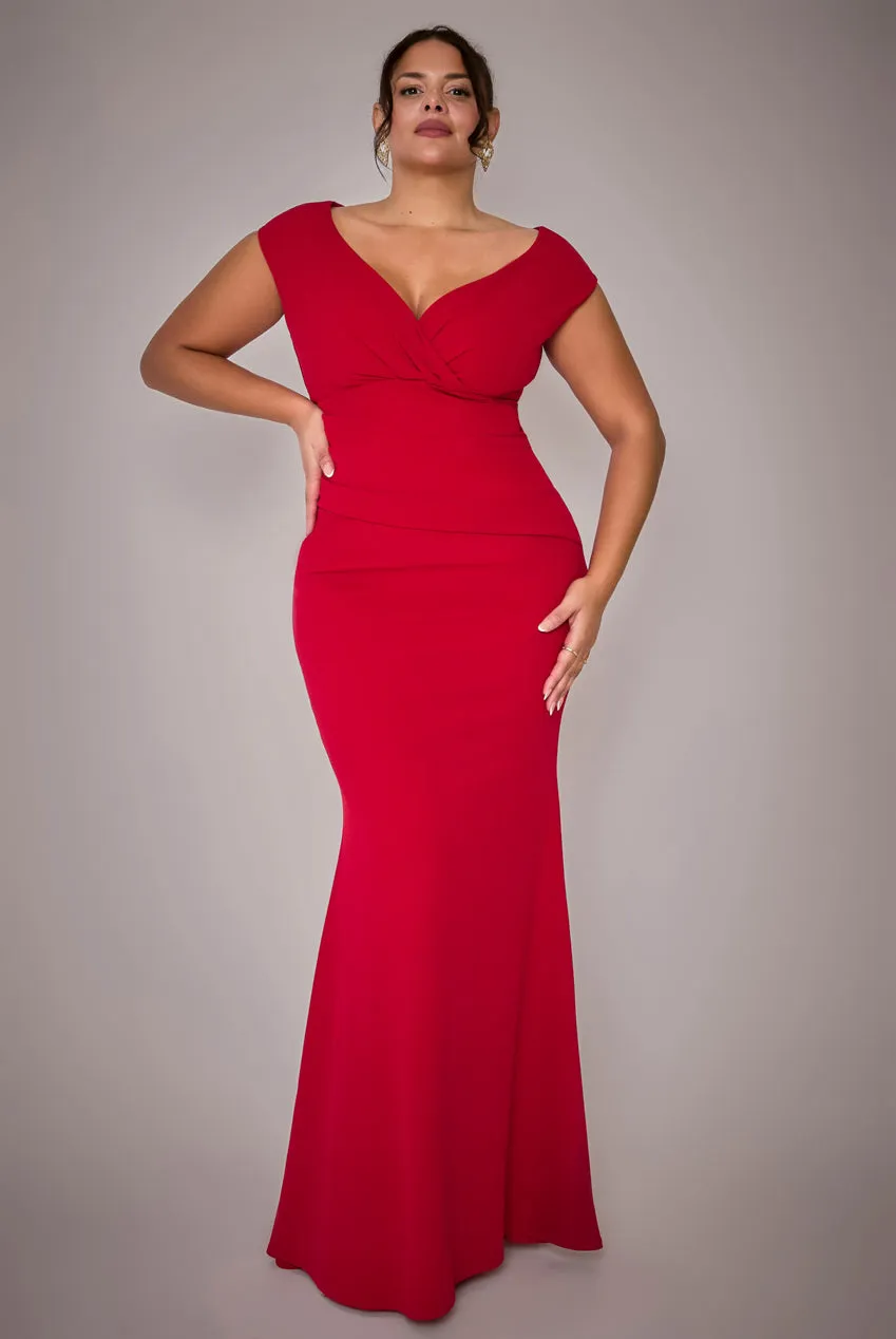 Bardot Pleated Maxi Dress - Red by Goddiva Plus sold by Goddiva