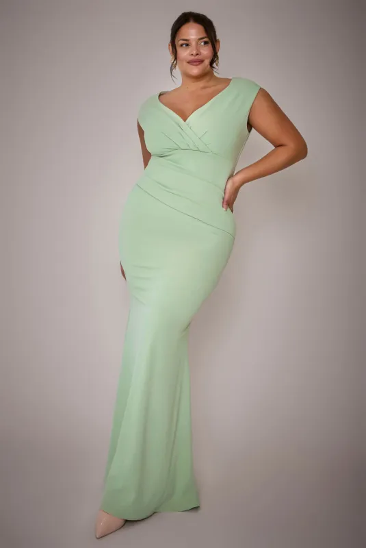 Bardot Pleated Maxi Dress - Sage Green by Goddiva Plus sold by Goddiva
