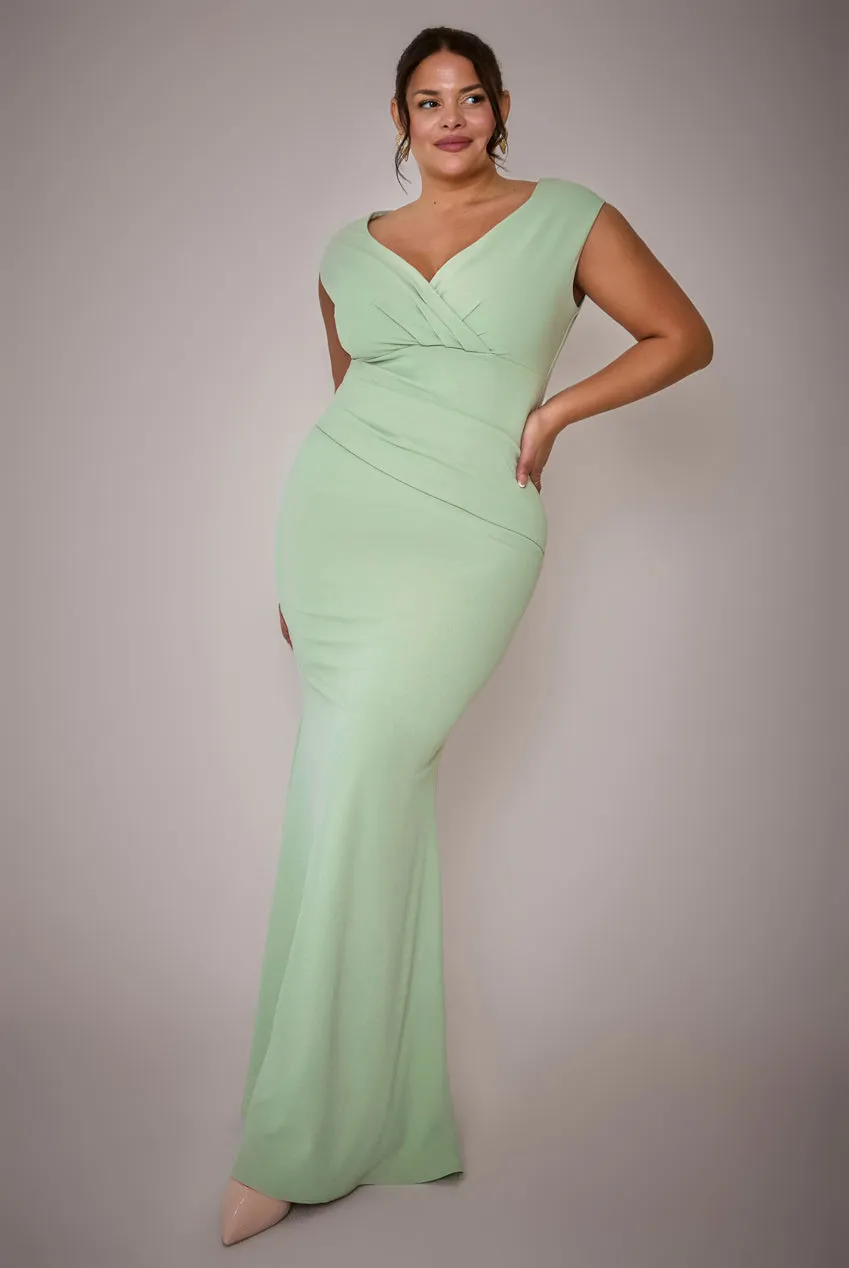 Bardot Pleated Maxi Dress - Sage Green by Goddiva Plus sold by Goddiva
