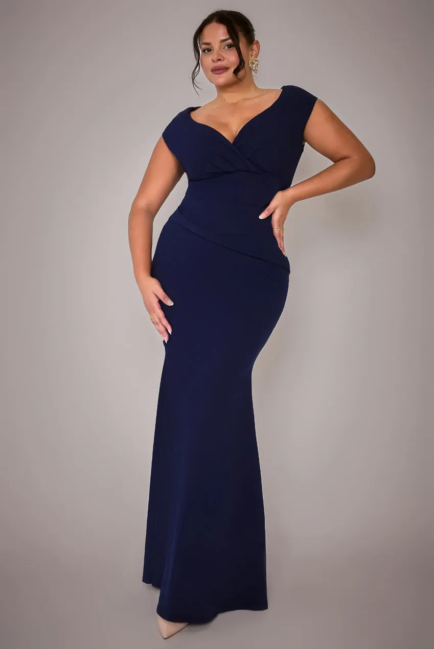Bardot Pleated Maxi Dress - Navy Blue by Goddiva Plus sold by Goddiva
