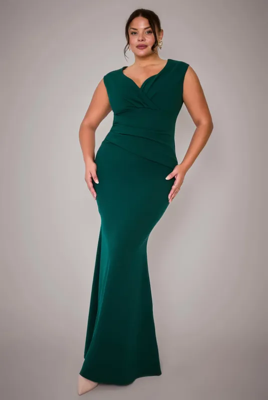 Bardot Pleated Maxi Dress - Emerald Green by Goddiva Plus sold by Goddiva