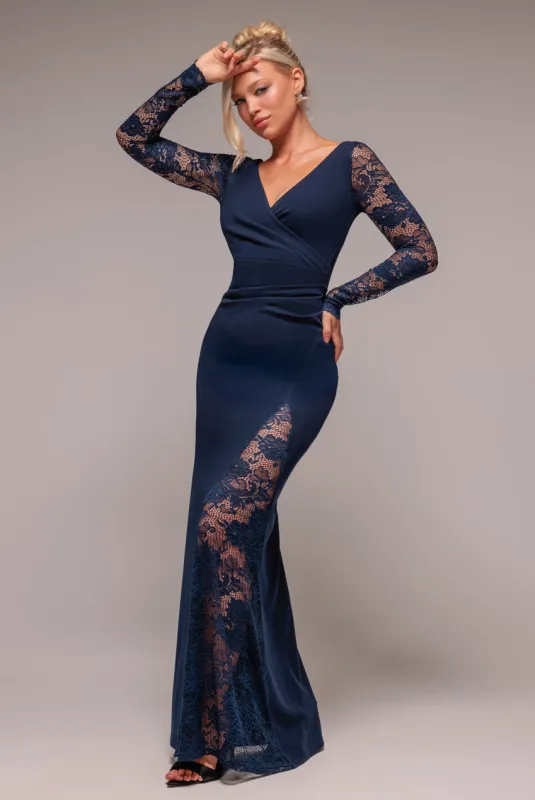 Scuba & Lace Wrap Maxi Dress - Navy Blue by Goddiva sold by Goddiva