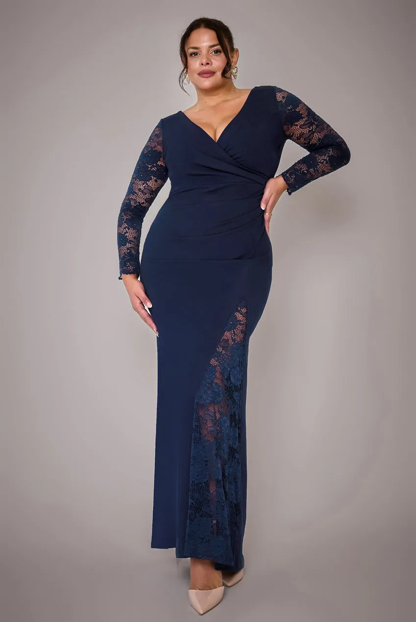 Scuba & Lace Wrap Maxi Dress - Navy Blue by Goddiva Plus sold by Goddiva