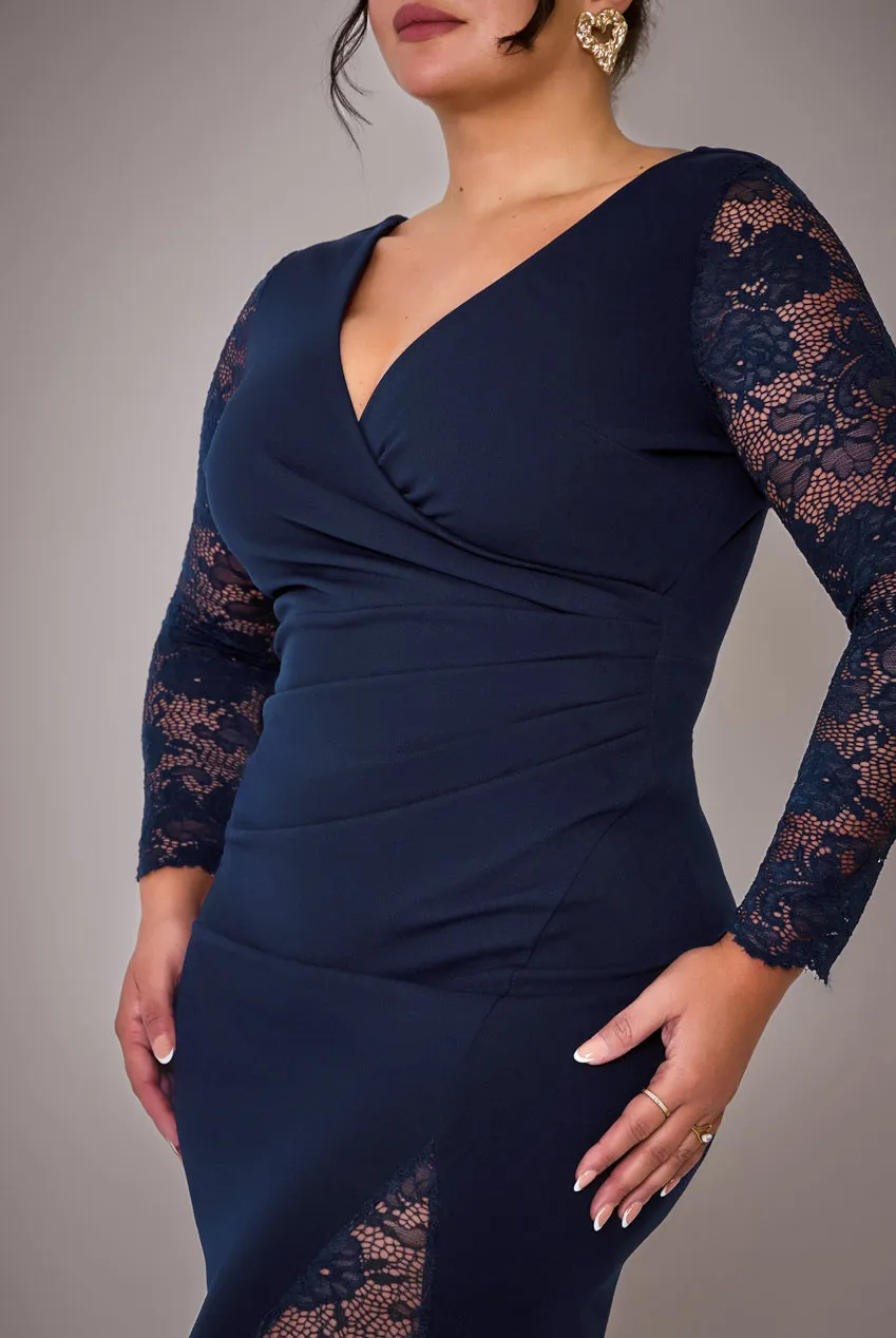 Scuba & Lace Wrap Maxi Dress - Navy Blue by Goddiva Plus sold by Goddiva product image thumbnail 3