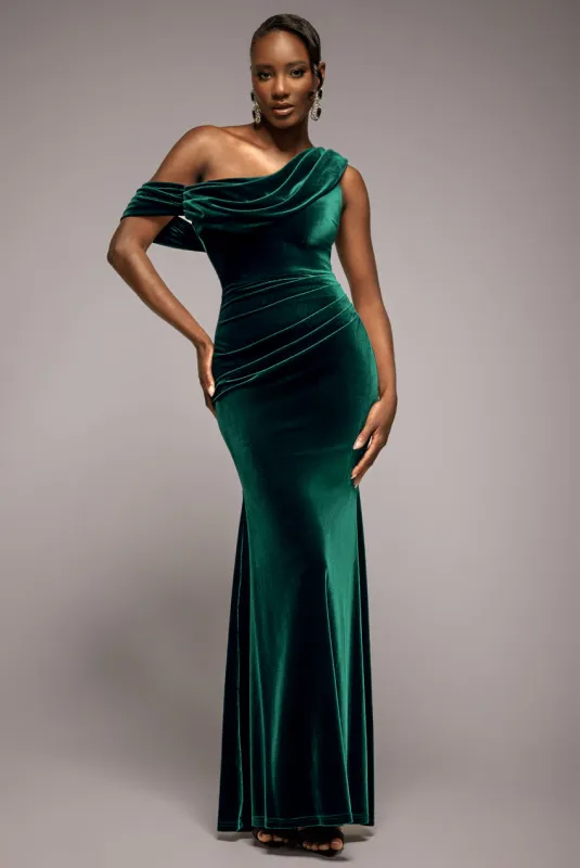 Cowl One Shoulder Velvet Maxi Dress - Emerald Green by Goddiva sold by Goddiva