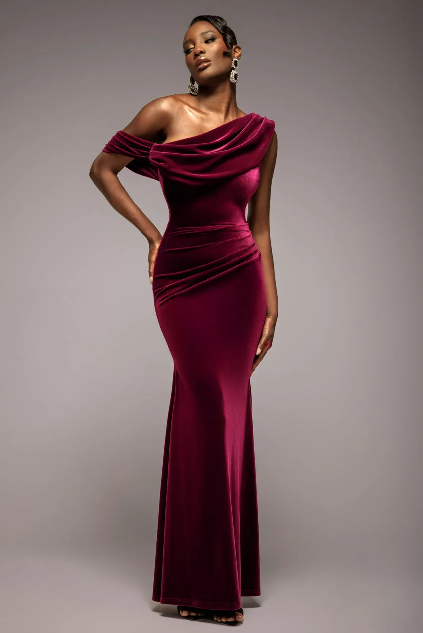 Cowl One Shoulder Velvet Maxi Dress - Burgundy Red by Goddiva sold by Goddiva