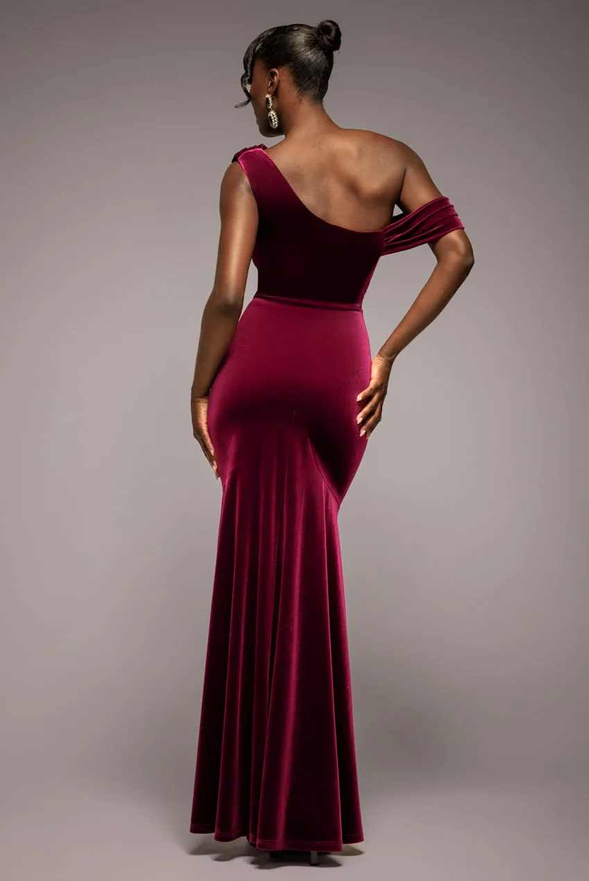 Cowl One Shoulder Velvet Maxi Dress - Burgundy Red by Goddiva sold by Goddiva product image thumbnail 2